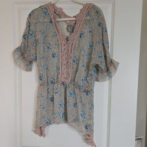 Free People Foral Sheer Blouse with Lace Trim